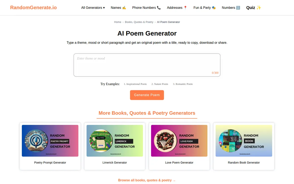 AI Poem Generator: 7 Best Tools for Every Occasion (2026) 7 RandomGenerate homepage for the AI poem generator, showing the brief box and generated poem output