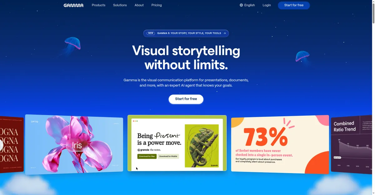 Gamma homepage showing AI-generated visual decks — an AI PPT maker with generous free credits and real PPTX export