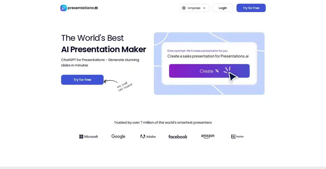 Presentations.ai landing page with a prompt box that turns a text prompt into an editable presentation, a top AI PPT maker for 2026