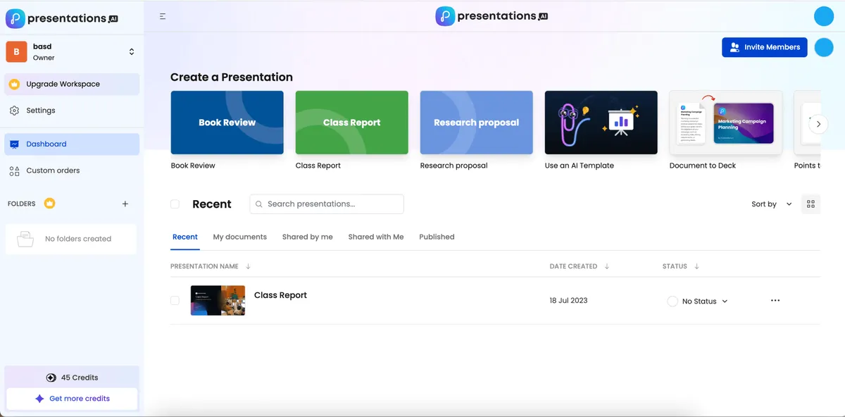 Presentations.ai dashboard showing prompt templates, document-to-deck, and recent presentations — a powerful AI PPT maker workflow
