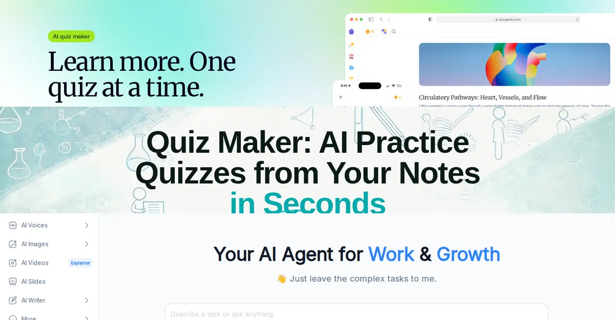 AI Quiz Generator: 7 Best Tools for Studying Smarter (2026) 10 Quizgecko, QuizWhiz, and NoteGPT interfaces side by side — AI quiz generator tools that turn notes, PDFs, and YouTube lectures into practice quizzes