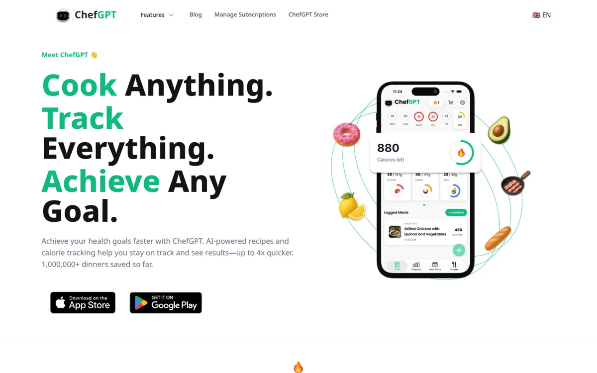 AI Recipe Generator: 7 Best Fridge-to-Meal Tools (2026) 9 ChefGPT homepage for the AI recipe generator, showing the Cook Anything Track Everything hero with a calorie-tracking app screenshot