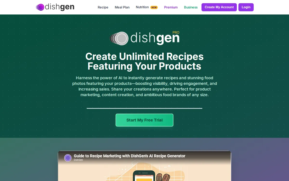 AI Recipe Generator: 7 Best Fridge-to-Meal Tools (2026) 8 DishGen Pro page for the AI recipe generator, showing the Create Unlimited Recipes Featuring Your Products hero
