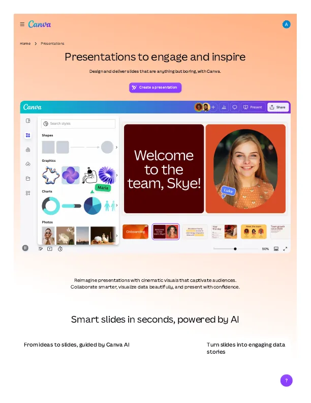 Canva AI slide maker presentations page showing the 'Presentations to engage and inspire' hero, a 'Create a presentation' button, and a slide-editor mockup with a 'Welcome to the team, Skye!' slide.