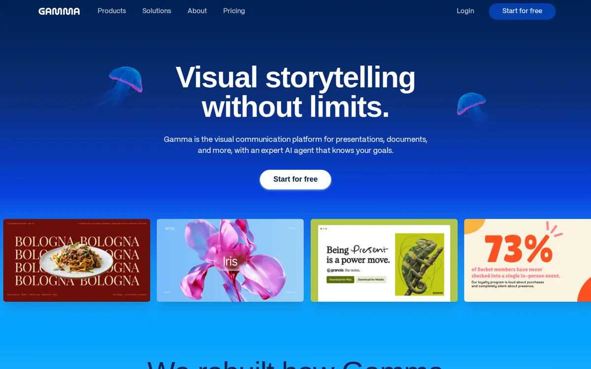 Gamma AI slide maker homepage showing the 'Visual storytelling without limits' hero banner and colorful AI-generated presentation cards.