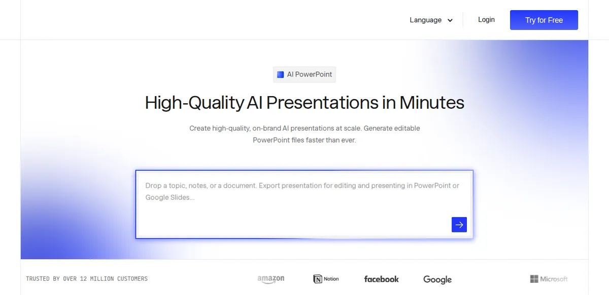 Presentations.AI ai slide maker homepage with the 'High-Quality AI Presentations in Minutes' headline and customer logo strip.