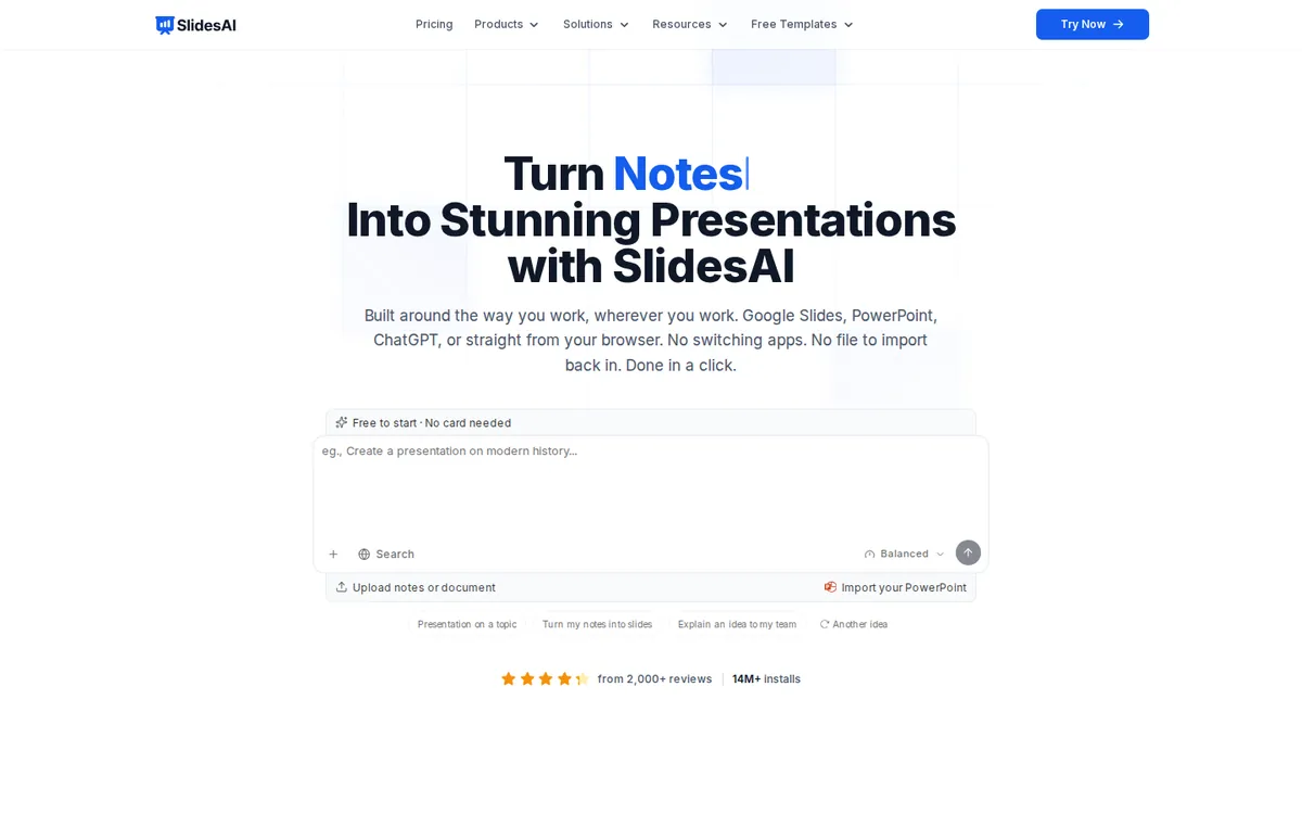 SlidesAI ai slide maker homepage with the 'Turn Notes Into Stunning Presentations' headline and a 'Free to start · No card needed' badge.
