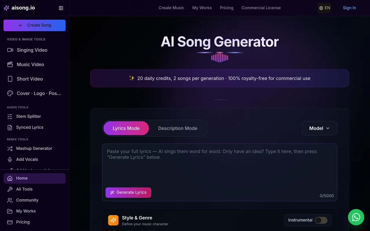 AISong generator page for the AI song generator, showing lyrics mode and the 20 daily credits offer