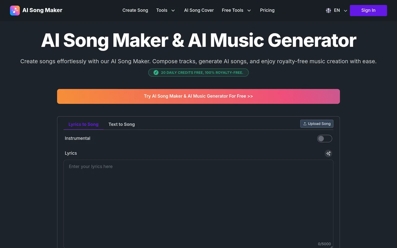 AI Song Maker homepage for the AI song generator, showing the song creation tools