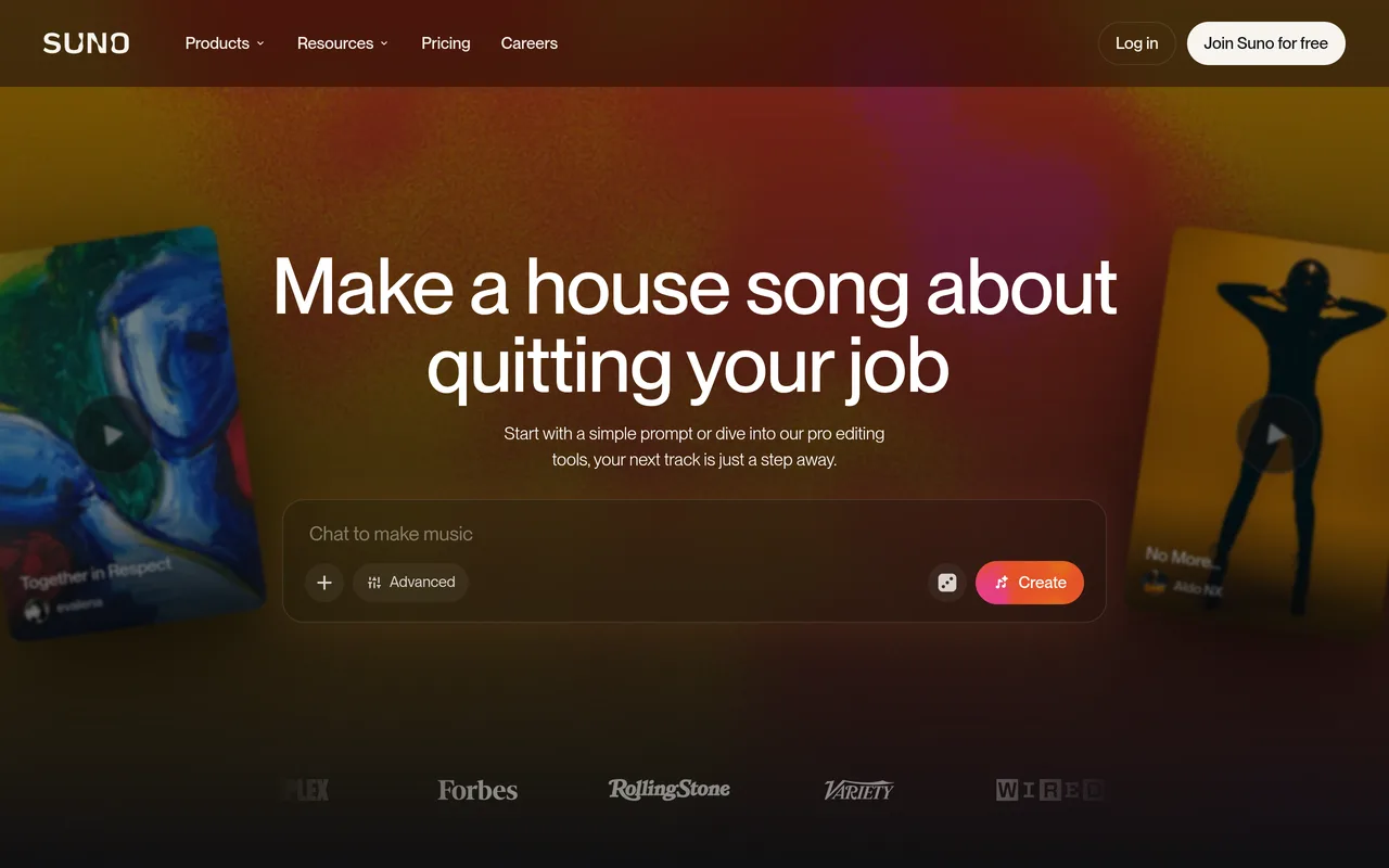 Suno homepage for the AI song generator, showing the prompt box and song artwork