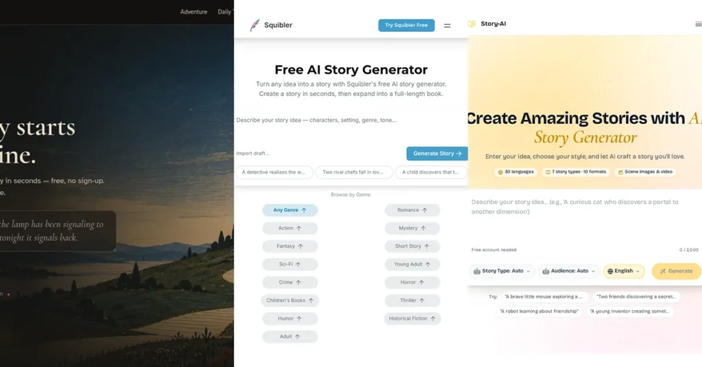 TaleQuest, Squibler, and Story-AI free AI story generator interfaces side by side — type one line and get a complete story in seconds