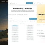 TaleQuest, Squibler, and Story-AI free AI story generator interfaces side by side — type one line and get a complete story in seconds