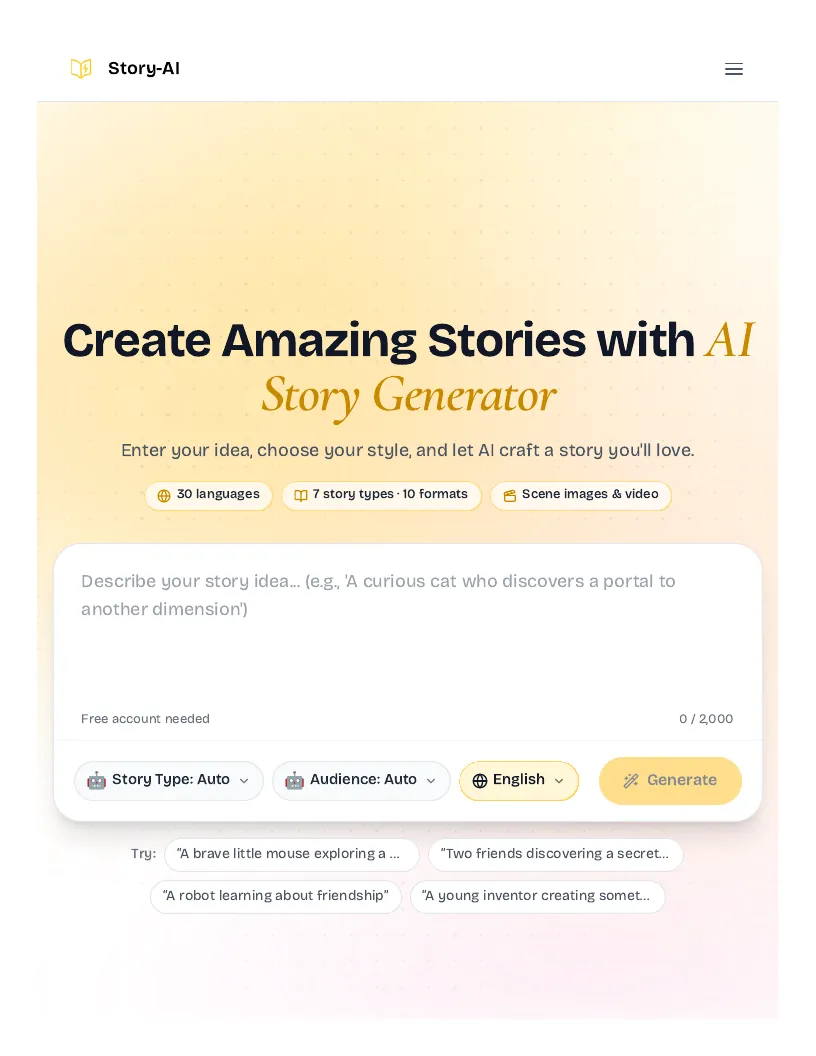 AI Story Generator Free: 8 Best Tools for 2026 (Tested) 13 Story-AI's free AI story generator homepage — story idea input with story type, audience, and language options plus a Generate button