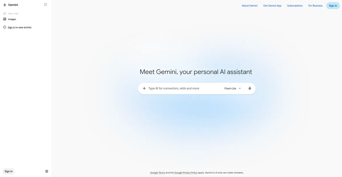 Google Gemini homepage — NotebookLM, the top AI study tools pick, now lives in the Gemini app as Gemini Notebook