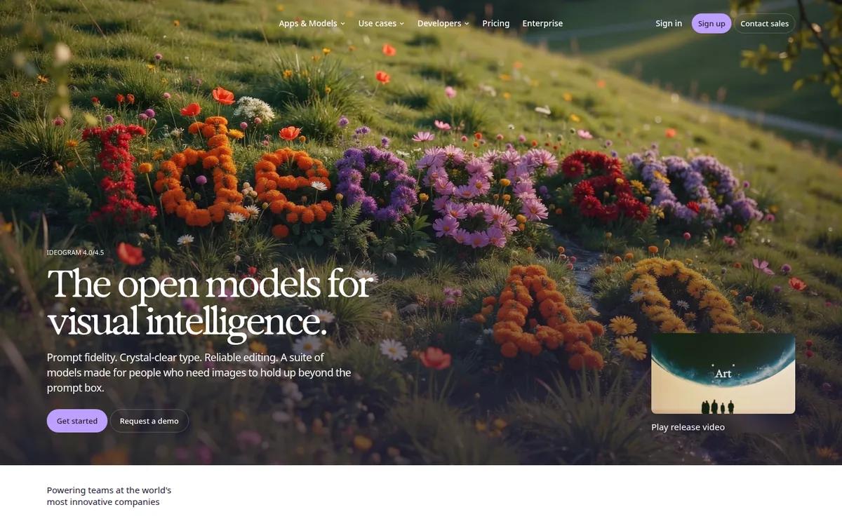 Ideogram homepage hero for the free AI thumbnail maker, showing vibrant floral artwork spelling IDEOGRAM with crisp rendered text