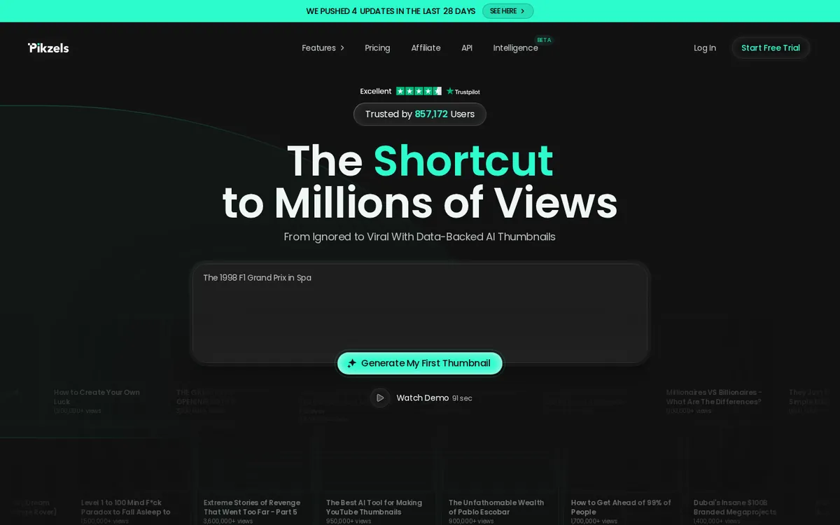Pikzels homepage for the AI thumbnail maker trusted by 857,172 users, showing the thumbnail prompt box and Generate My First Thumbnail button