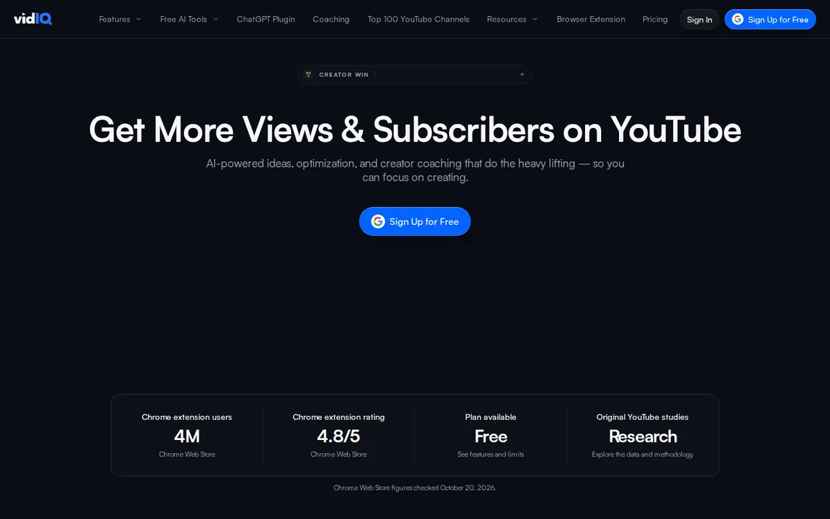 vidIQ homepage for the AI thumbnail maker from vidIQ, showing the Get More Views and Subscribers on YouTube hero, Sign Up for Free button, and free-plan stats strip