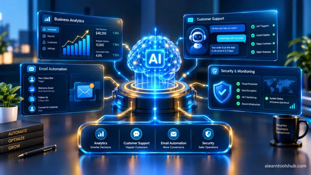 AI tools for business dashboard displaying automated workflow metrics and productivity charts