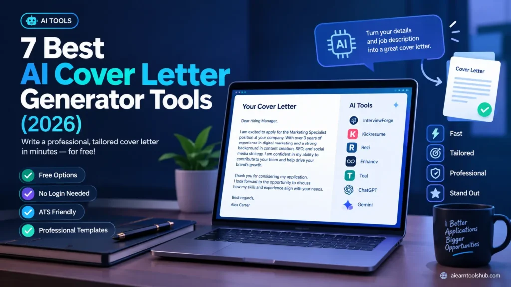 Best AI cover letter generator tools for 2026 featuring AI-powered writing, professional cover letter templates, and free tools for job seekers.