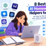 Student using AI homework helper tools on a laptop with study books and step-by-step learning features.