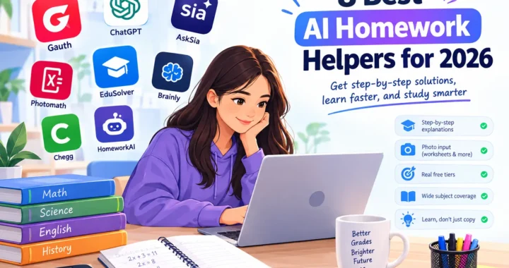 Student using AI homework helper tools on a laptop with study books and step-by-step learning features.