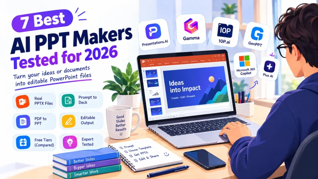 Best AI PPT makers for 2026 displayed on a laptop with editable PowerPoint slides and AI presentation tools.