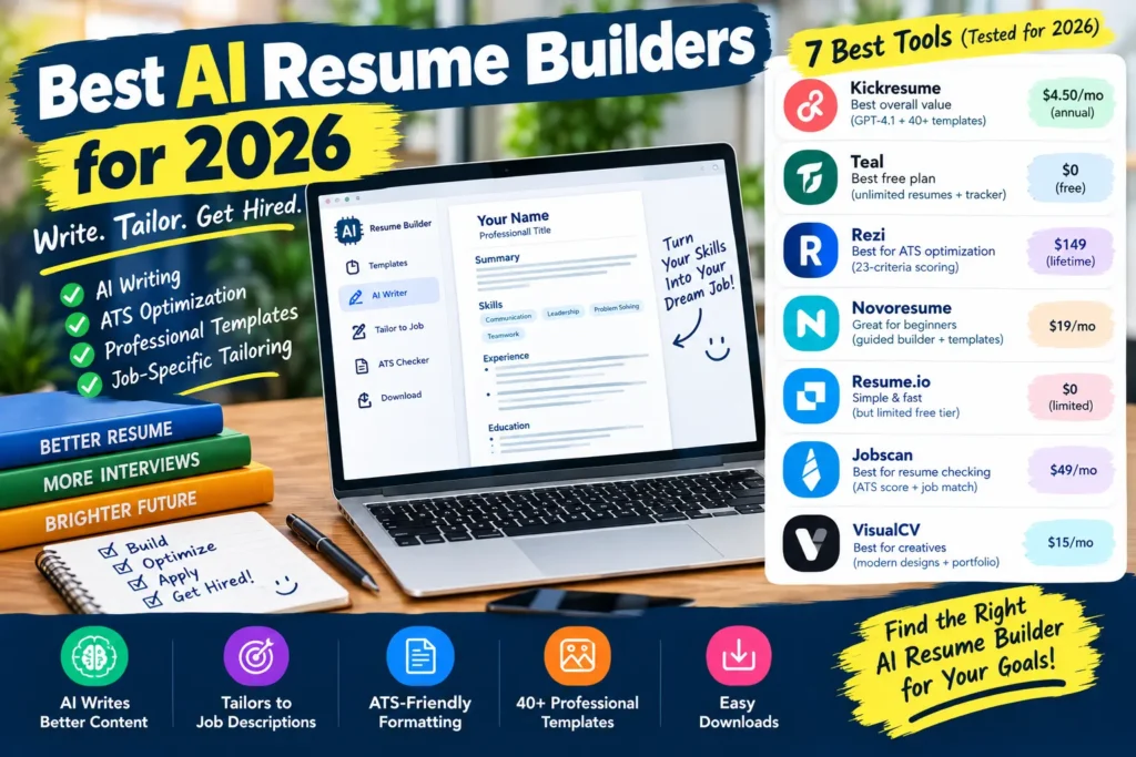 Best AI resume builders for 2026 compared by features, pricing, free plans, resume writing, and ATS optimization.