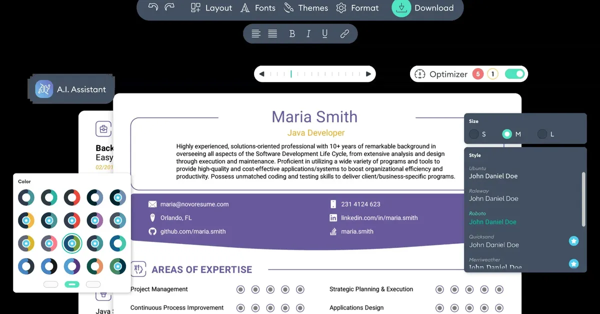 Best AI Resume Builder: 7 Top Tools Tested (2026) 10 Novoresume editor interface showing resume customization panels, one of the best AI resume builder tools for 2026