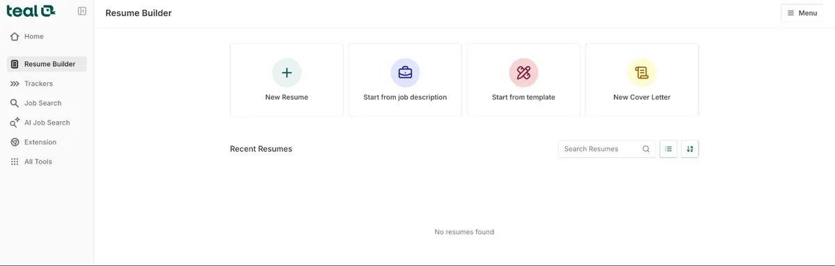 Best AI Resume Builder: 7 Top Tools Tested (2026) 11 Teal Resume Builder dashboard showing new resume options, a best AI resume builder with free job tracking