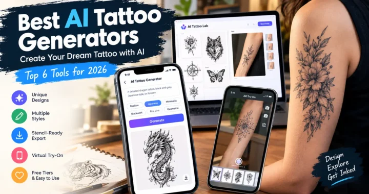Best AI tattoo generators for 2026 featuring AI Tattoo Lab, tattoo design sketches, and virtual tattoo try-on tools.