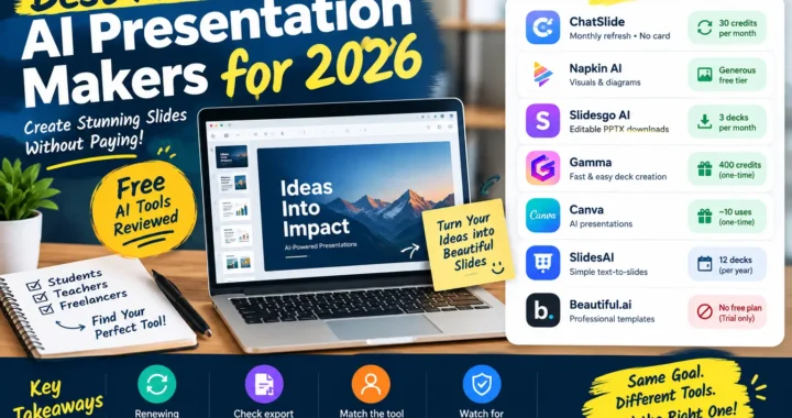Feature image comparing seven free AI presentation makers, including ChatSlide, Napkin AI, Slidesgo, Gamma, Canva, SlidesAI, and Beautiful.ai, with their free-plan limits.