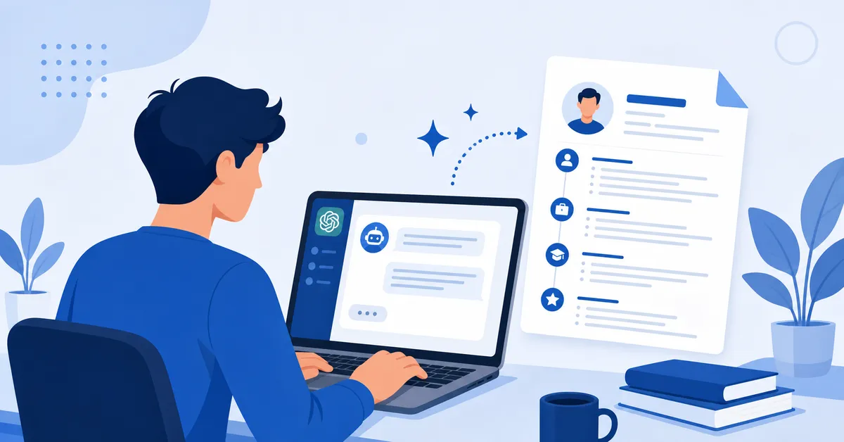 Person chatting with ChatGPT on a laptop while a professional resume builds itself — using ChatGPT as a resume builder