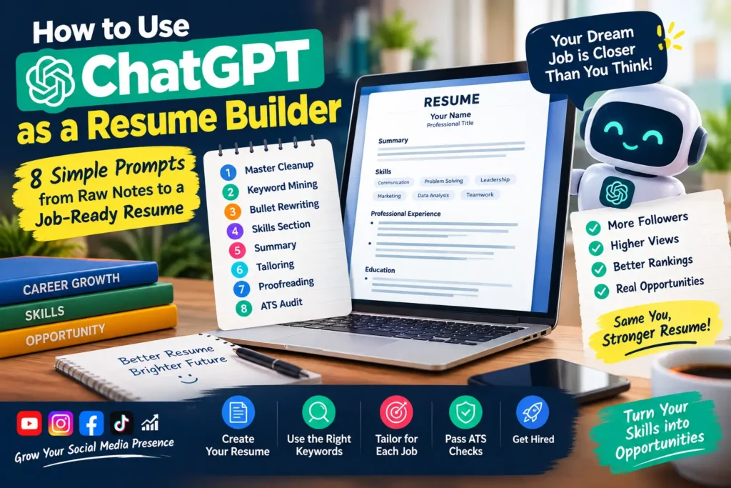 Feature image showing how to use ChatGPT to create, optimize, and tailor an ATS-friendly resume using eight simple prompts.