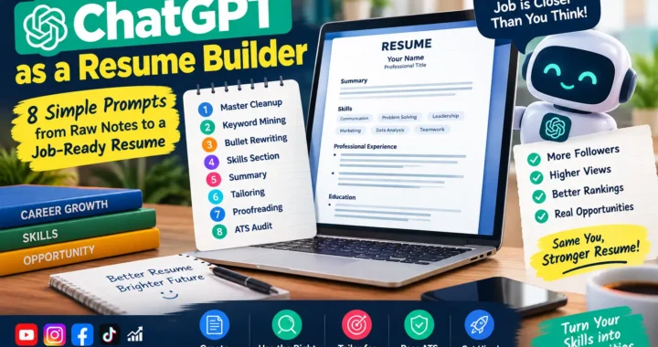 Feature image showing how to use ChatGPT to create, optimize, and tailor an ATS-friendly resume using eight simple prompts.