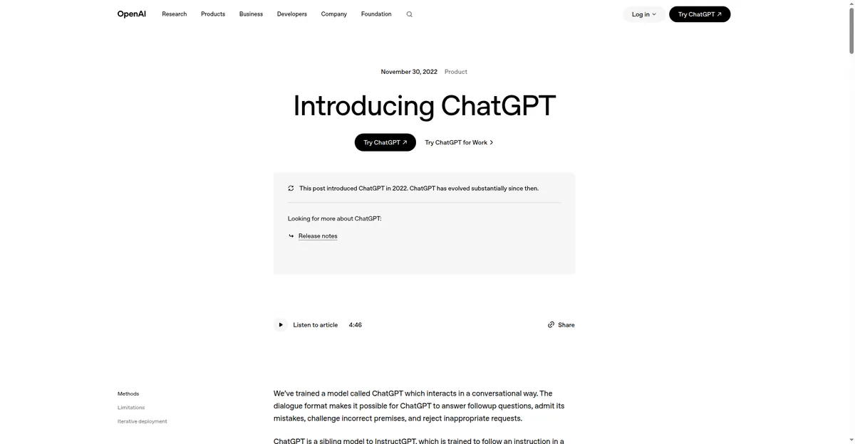 OpenAI's official Introducing ChatGPT page — the AI assistant behind effective ChatGPT Upwork proposals