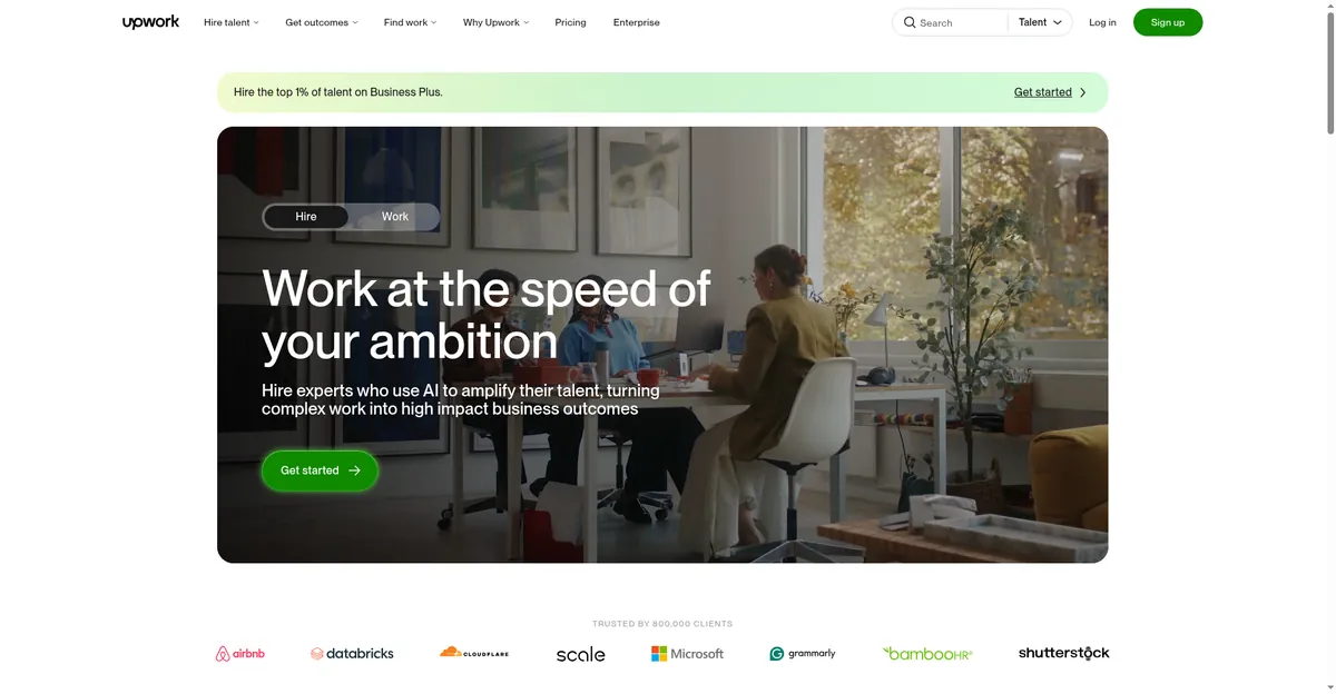 Upwork homepage, the freelance marketplace where ChatGPT Upwork proposals compete for client projects