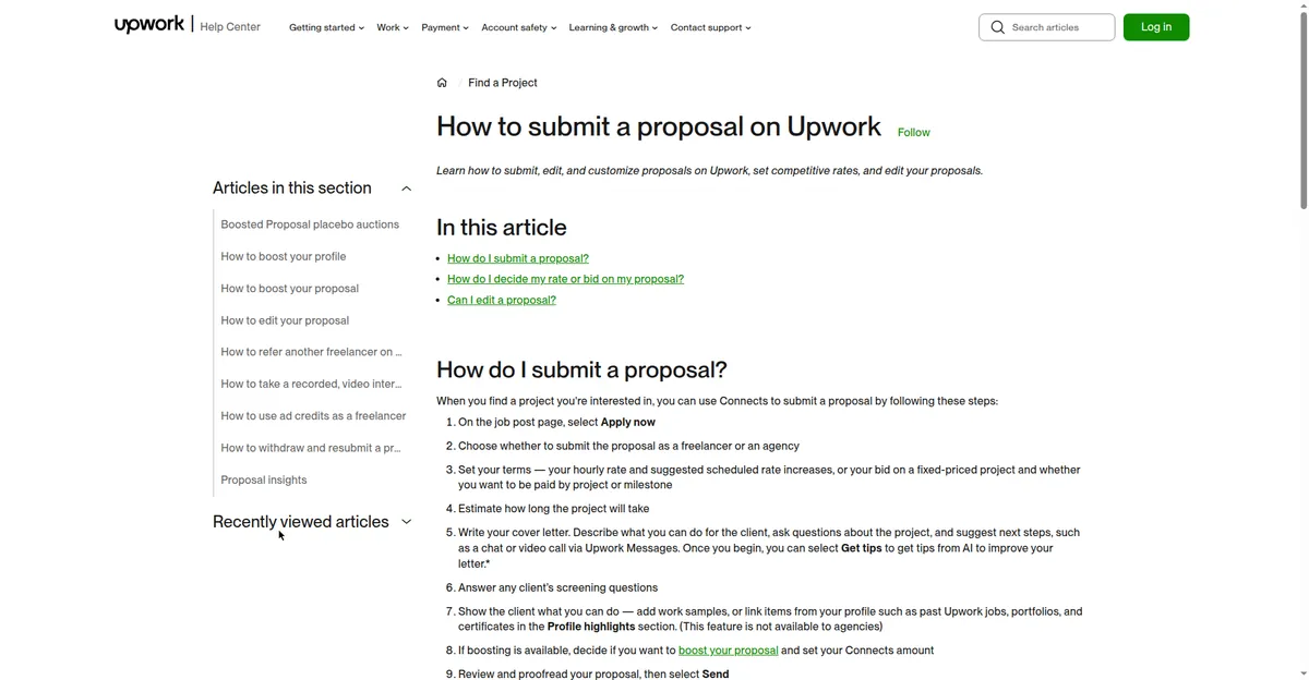 Upwork's official help article showing the steps to submit a proposal on Upwork, from applying to sending