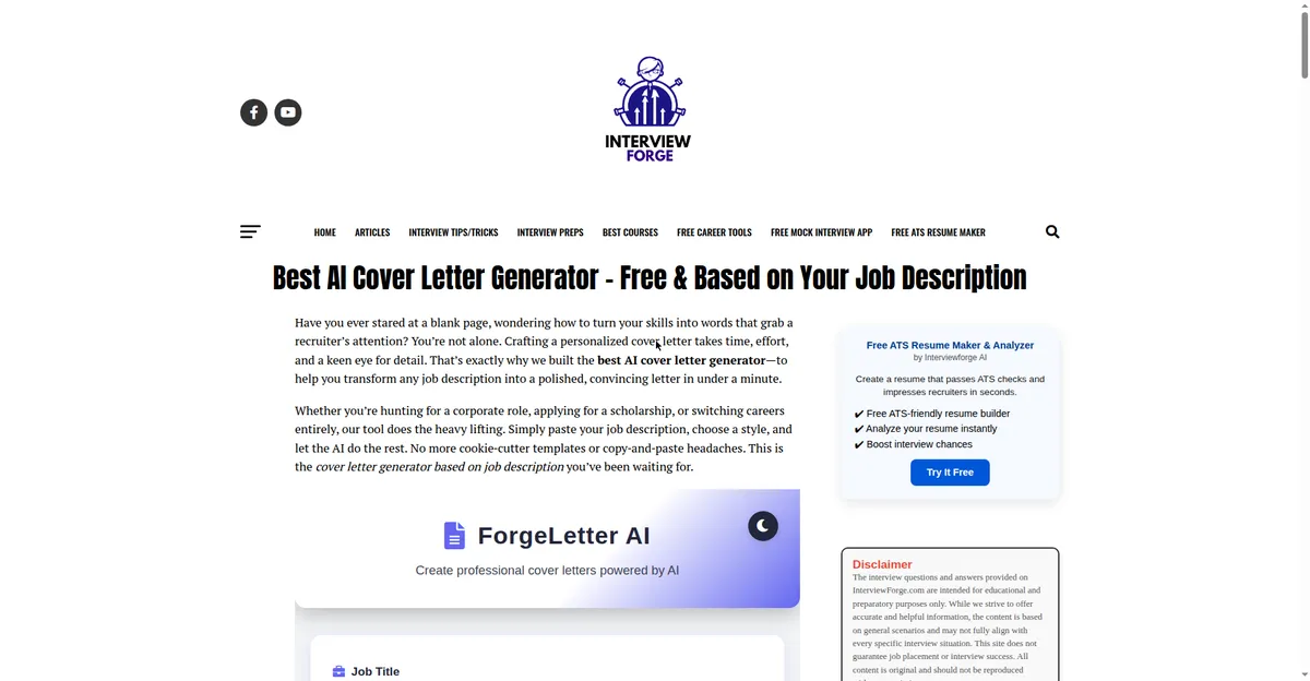 7 Best AI Cover Letter Generator Tools (2026) 9 InterviewForge free AI cover letter generator page showing job description input and template options