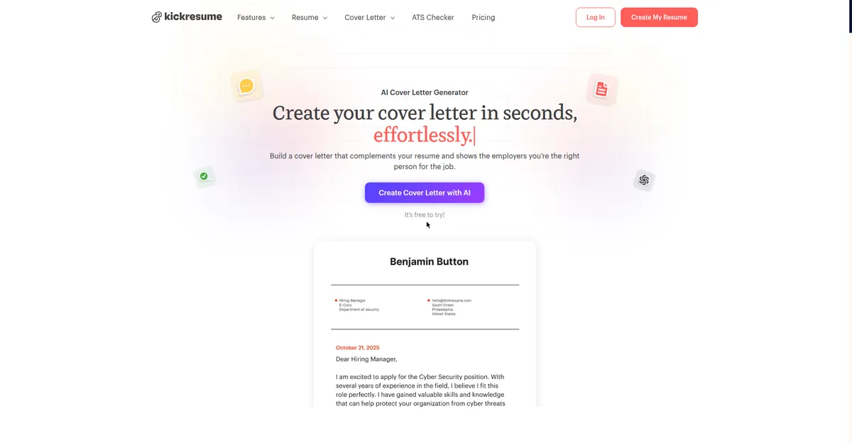 7 Best AI Cover Letter Generator Tools (2026) 8 Kickresume free AI cover letter generator interface showing cover letter templates and AI writing panel