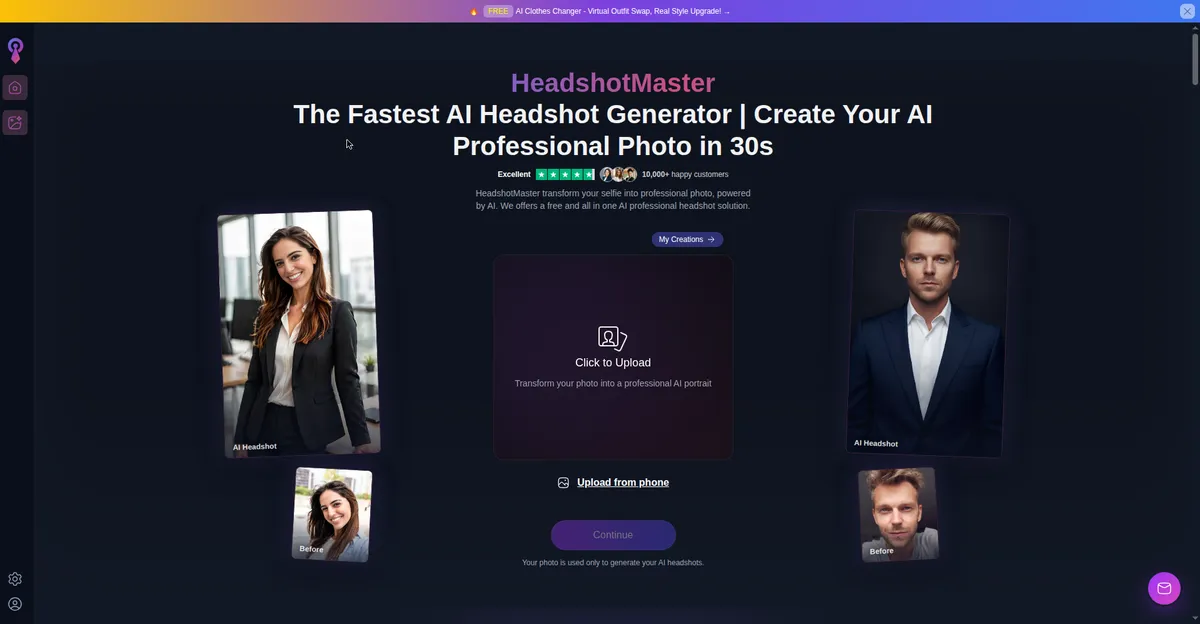 HeadshotMaster.io free AI headshot generator setup screen showing upload options and style questions