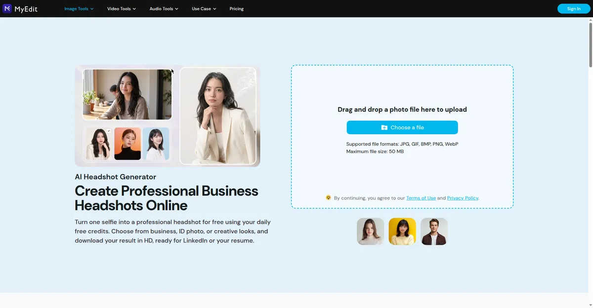 MyEdit free AI headshot generator tool page showing the upload panel and example professional headshots