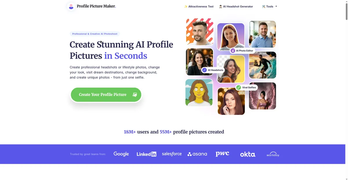 PFPMaker free AI headshot generator interface showing AI-generated professional headshots from a single selfie