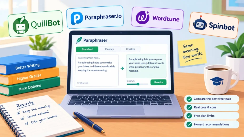 Free AI paraphrasing tools for students, featuring QuillBot, Paraphraser.io, Wordtune, and Spinbot on a laptop.