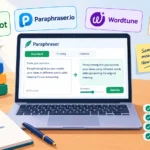 Free AI paraphrasing tools for students, featuring QuillBot, Paraphraser.io, Wordtune, and Spinbot on a laptop.