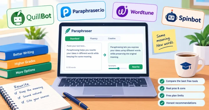 Free AI paraphrasing tools for students, featuring QuillBot, Paraphraser.io, Wordtune, and Spinbot on a laptop.
