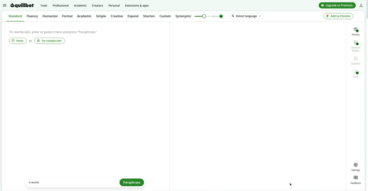 Close-up of QuillBot's paraphraser UI with mode tabs and synonym slider, a top-rated free ai paraphrasing tool