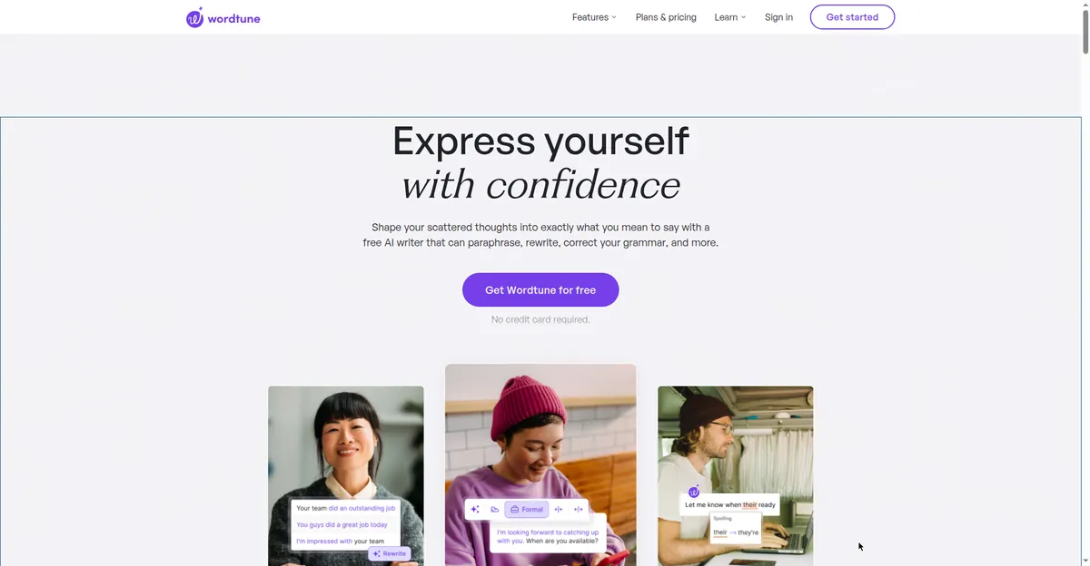 Wordtune homepage showing sentence rewrite suggestions from the free ai paraphrasing tool