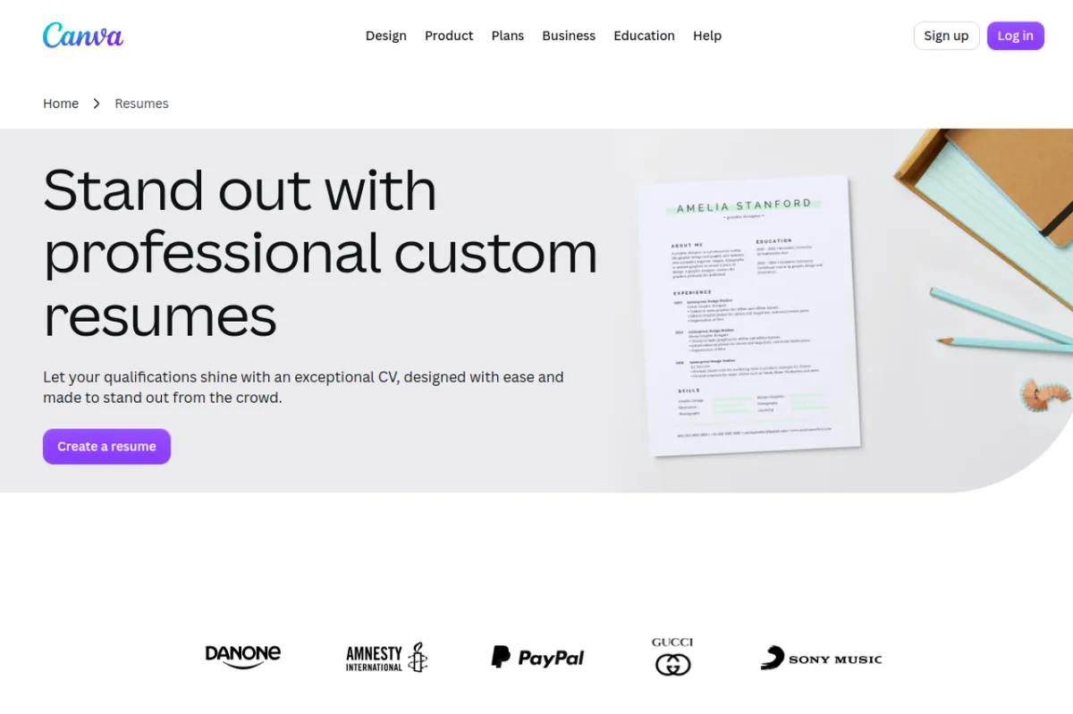 Canva's free online resume builder page — Stand out with professional custom resumes with free templates and a Create a resume button