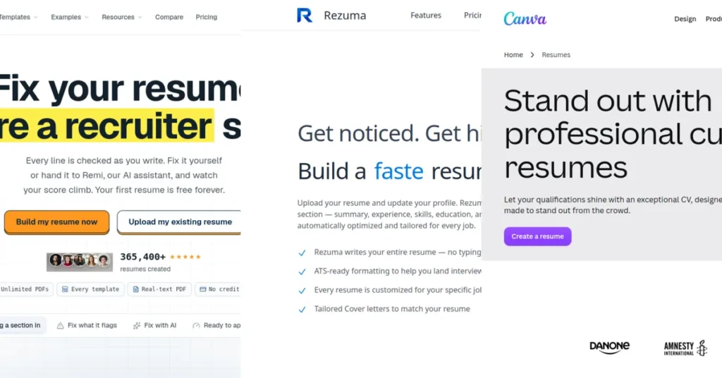 Roleframe, Rezuma, and Canva free AI resume builder interfaces side by side — build and download a professional resume without paying