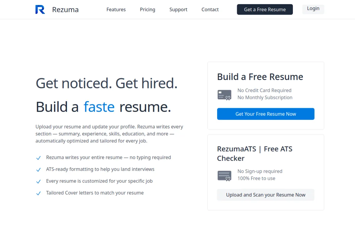 Rezuma's free AI resume builder homepage — Build a free resume with no credit card required, ATS-ready formatting, and a free ATS resume checker